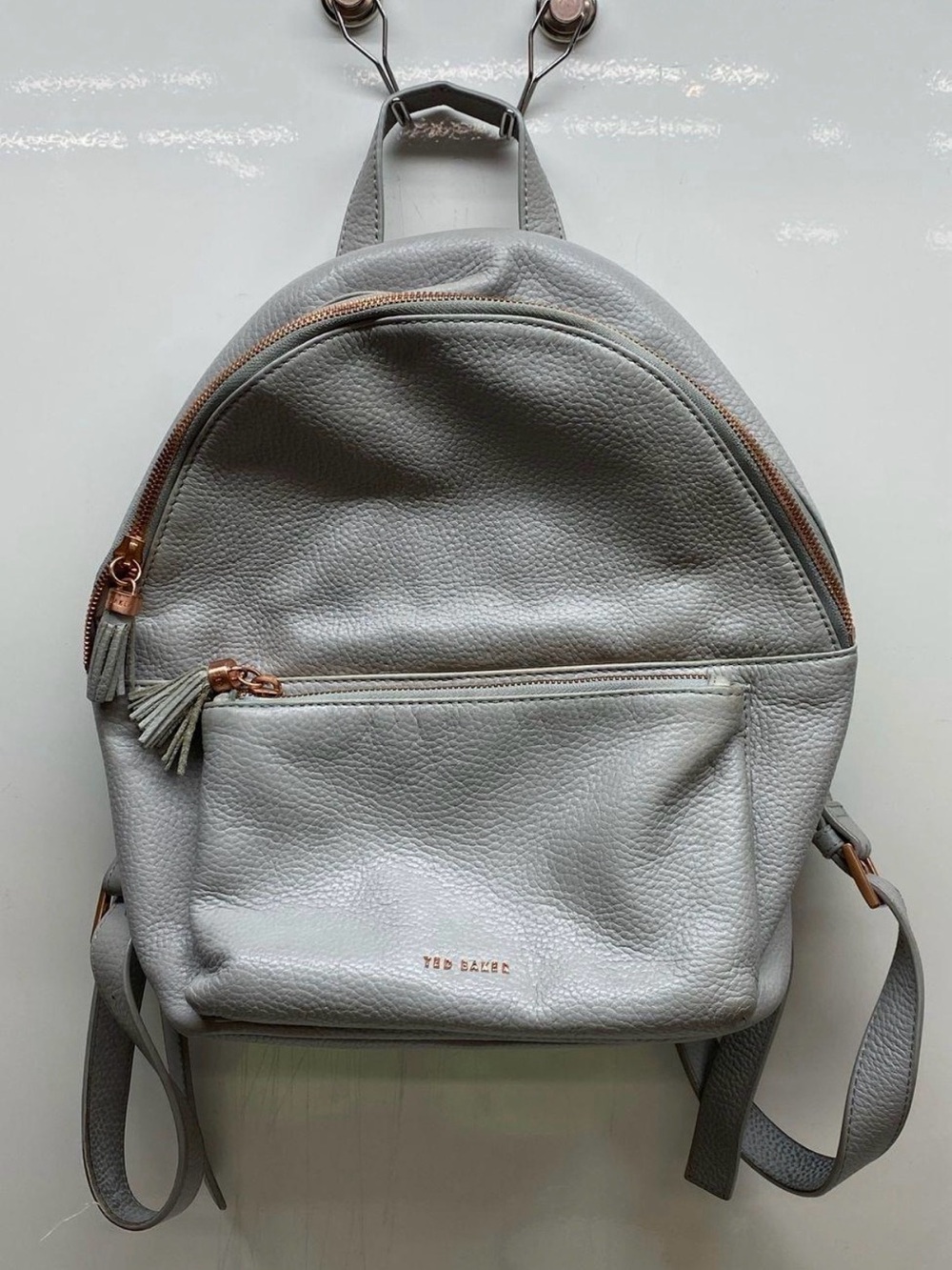 Ted Baker Light Gray Pebbled Leather Backpack with Rose Gold Trim
